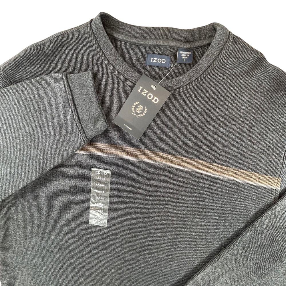 IZOD Sweater Men's Large Charcoal Gray 100% Cotton Crewneck Striped NWT